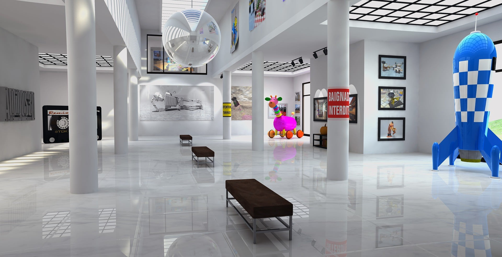 The
              image depicts a large room with white walls and a white floor. The
              content in the image includes the text BAIGNADE INTERDIT TENTIO
              TAVAU Remise 4TDK. The tags associated with the image are furniture,
              exhibition, indoor, art, interior design, table, wall, hall, floor,
              and design.