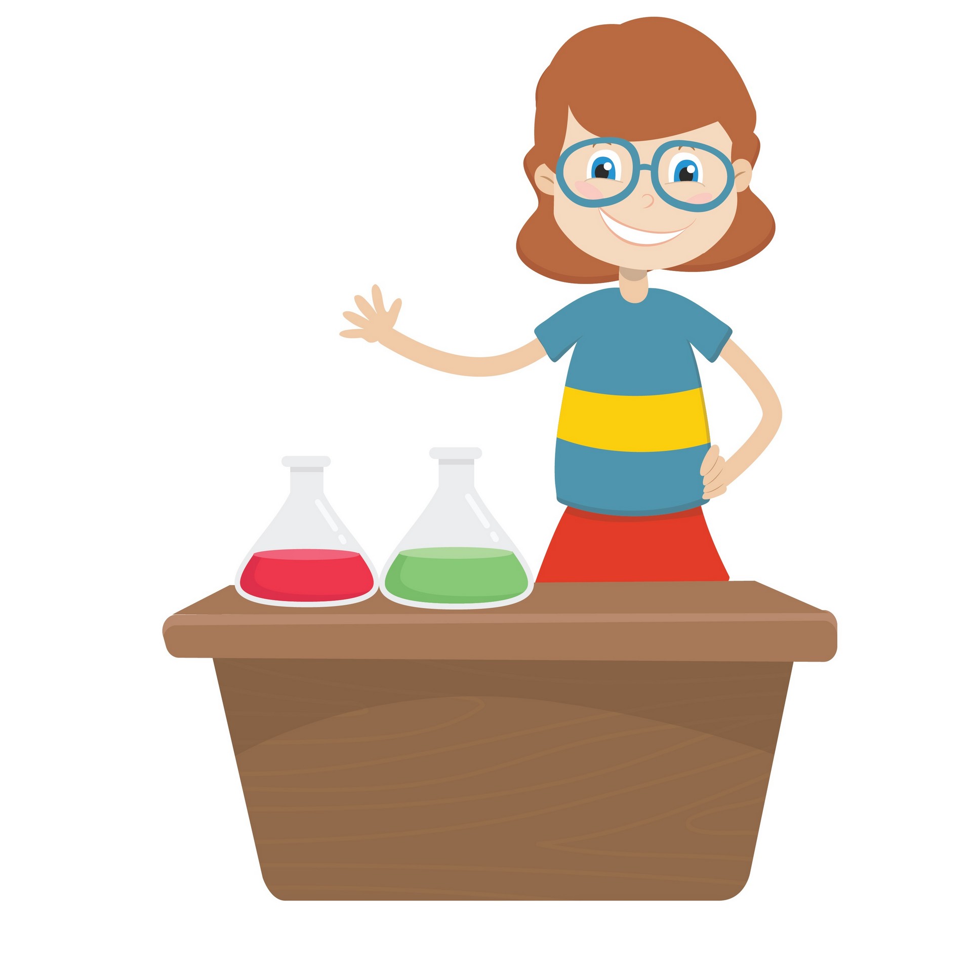 The image features a teachers standing at a table. It is a drawing or illustration, possibly a cartoon or clipart. The additional context mentions a teacher showing an experiment.
